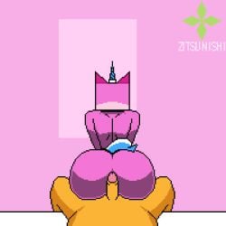 1boy 1girls animated anthro ass average_sized_penis buttjob cat_ears catgirl fat_ass feline huge_ass lego master_frown orange_body pink_body pixel_art simple_background small_penis small_penis_adoration tagme tail unicorn unikitty unikitty_(series) zitsunishi