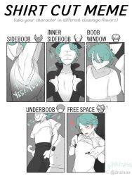 androgynous asshu eve_(utaite) green_eyes green_hair japanese_text mask monster nipple_play nipples pale_skin shirt_cut_meme skinny text vocaloid young