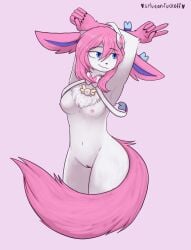 anthro areola blue_eyes breasts eeveelution english_text female fluffy fluffy_tail generation_6_pokemon genitals gesture hair hi_res nintendo nipples pink_body pink_hair pokemon pokemon_(species) pokemorph pose profanity pussy simple_background smile solo sylveon sylveonfuckoff tail text v_sign white_background white_body