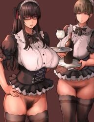 2019 2girls bare_arms blonde_hair blue_eyes bottle bow bowtie breasts brown_background brown_eyes bun_cover clothing corset cup expressionless female female_only glass glasses hair_bun hand_on_hip highres holding_tray large_breasts long_hair long_twintails looking_at_viewer maid maid_belle_(pepe_(jonasan)) maid_headdress maid_libe_(pepe_(jonasan)) maid_uniform mature_female microskirt miniskirt multiple_girls open_mouth original pepe_(jonasan) pubic_hair pussy revealing_clothes short_hair simple_background skindentation skirt standing thick_thighs thigh_gap thighhighs thighs tied_hair tongue tray twintails uniform wine_bottle wine_glass