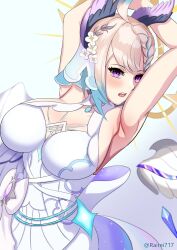 ahoge alternate_breast_size armpits artist_signature belly_button big_breasts blonde_hair blush braid cleavage clothed dress enna_alouette female female_only hair_ornament head_wings large_breasts multicolored_hair navel nijisanji nijisanji_en purple_eyes raitei raitei717 safe_for_work solo solo_female thin_waist twitter_username virtual_youtuber white_dress wings