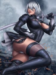 1female artist_logo artist_name ass black_boots blue_eyes breasts city_background cleavage female female_only flowerxl hand_on_weapon leotard looking_at_viewer nier nier:_automata pale-skinned_female pale_skin panties pink_lipstick pinup platinum_hair raining short_hair solo square_enix sword thick_thighs thighhighs tiara video_game_character voluptuous voluptuous_female watermark weapon white_hair yorha_2b