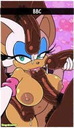 1girls 4boys anthro big_breasts black_male breasts cum dark-skinned_male eyelashes furry gloves heart-shaped_pupils human_on_anthro imminent_sex leaking_cum lipstick male nipples omegasunburst oral paizuri penis pubic_hair raceplay rouge_the_bat snapchat sonic_(series)