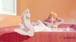 1girls bathing bathroom big_breasts bubble_bath bubbles feet feet_focus female female_only large_breasts legs log_pose long_hair nami nami_(one_piece) one_piece orange_hair post-timeskip raftellx self_upload skinny soles solo toes