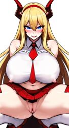 1girls ai_generated anything_diffusion big_breasts blonde_female blonde_hair blonde_hair blue_eyes button_down_shirt clothing devil_horns dezgo_ai female female_only headband heart horns huge_breasts legs_spread nipples skirt squatting thick_thighs thigh_socks thighhighs tongue vagina wide_hips