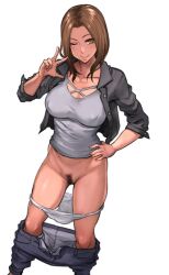 1girls 2019 absurd_res bare_arms blue_shirt breasts brown_eyes brown_hair cleavage clothing female female_only flat_belly hand_on_hip highres inframammary_clothing_crease jacket large_breasts matching_hair/eyes nipple_bulge no_bra one_eye_closed open_clothes open_jacket original panties panties_down pants pants_down panty_pull pepe_(jonasan) pubic_hair pussy shirt simple_background smile solo standing thighs tight_clothing underwear w white_background white_panties wink