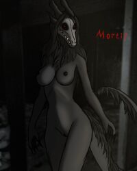 4:5 anthro black_body bone breasts digital_media_(artwork) female fur genitals hair hi_res horn judy_anon nipples nude red_eyes skull skull_head solo tail