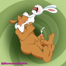 absurd_res anal anal_fingering anthro blush bodily_fluids canid canine canis cum domestic_dog duo face_fucking feet fingering genital_fluids hi_res irrumatio lagomorph leporid lucasarts male male/male mammal masturbation max_(sam_and_max) oral penile rabbit sam_and_max samuel_dog samuraijackin sex telltale_games