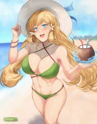 1girls :d absurdres alternate_costume bare_arms bare_shoulders beach bikini blonde_hair blue_eyes blue_sky breasts cleavage coconut commentary cowboy_shot criss-cross_halter day drinking_straw female female_only fire_emblem fire_emblem_heroes green_bikini green_swimsuit halterneck hands_up hat highres large_breasts long_hair looking_at_viewer navel nintendo ocean official_alternate_costume open_mouth outdoors sky smile solo standing stomach sun_hat swimsuit tempurachronos thighs very_long_hair water white_headwear ymir_(fire_emblem_heroes) ymir_(summer)_(fire_emblem_heroes)