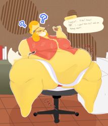 1girls ? animal_crossing anthro ass belly beluebell blonde_hair blush blush breasts canine canine canine_humanoid chair cleavage drunk english_text fat female female_focus female_only flustered furry hips isabelle_(animal_crossing) large_ass large_belly large_breasts nintendo office_chair overweight overweight_female panties polo_shirt ssbbw stomach text thick_thighs thighs underwear whiskey whiskey_glass wide_hips