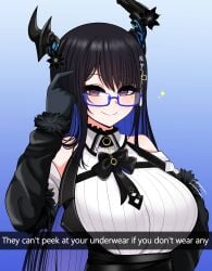 1girls absurdres ascot bare_shoulders bespectacled black_ascot black_gloves black_hair blue-framed_eyewear blue_hair breasts closed_mouth colored_inner_hair demon_horns english_text female female_only finger_to_head fur-trimmed_sleeves fur_trim glasses gloves hair_ornament highres hololive hololive_english hololive_english_-advent- horns large_breasts light-skinned_female light_skin long_hair looking_at_viewer meme mole mole_under_eye multicolored_hair nerissa_ravencroft red_eyes roll_safe_(meme) smile solo tassel tassel_hair_ornament the_only_shoe two-tone_hair uneven_horns upper_body very_long_hair virtual_youtuber