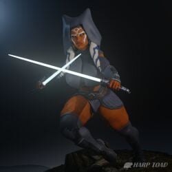 1girls 3d ahsoka_tano alien_girl angry_expression big_breasts blender blue_eyes frown full_lips gilf harp_toad huge_ass huge_butt lekku lightsaber muscular_female orange_skin posing star_wars text thick_lips thick_thighs togruta volumptuous white_markings wide_hips