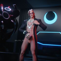 1boy 3d_(artwork) aj_racer95 balls big_penis fang_necklace fangs fortnite fortnite:_battle_royale gay glasses hi_res kado_thorne_(fortnite) male male_only penis penis_focus presenting_penis solo tattoo_on_chest trenchcoat vampire white_hair