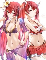 2girls alternate_costume bikini breasts camilla_(fire_emblem)_(cosplay) clear_glass_(mildmild1311) cordelia_(fire_emblem)_(cosplay) cosplay crossed_arms dual_persona female fire_emblem fire_emblem_awakening fire_emblem_fates long_hair nintendo one_eye_closed purple_bikini purple_swimsuit red_bikini red_eyes red_hair red_swimsuit sarong see-through selena_(fire_emblem_fates) severa_(fire_emblem) small_breasts swimsuit twintails