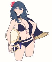 1girls alternate_costume ball beachball bikini black_bikini black_cape black_choker black_hair black_swimsuit blue_eyes breasts byleth_(female)_(fire_emblem) byleth_(female)_(summer)_(fire_emblem) byleth_(fire_emblem) byleth_(fire_emblem)_(female) cape choker do_m_kaeru female female_only fire_emblem fire_emblem:_three_houses fire_emblem_heroes flower hair_flower hair_ornament hand_on_own_hip holding holding_ball large_breasts medium_hair navel nintendo official_alternate_costume solo swimsuit white_background