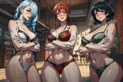 3girls ai_generated ass big_breasts blush bra breasts chainsaw_man company_connection crossover female female_only from_below fubuki_(one-punch_man) green_bra green_hair green_panties jujutsu_kaisen large_breasts lingerie makima_(chainsaw_man) mappa mei_mei_(jujutsu_kaisen) multiple_girls one-punch_man panties red_bra red_hair red_panties shounen_jump shueisha smile standing surrounded vertiloart weekly_shonen_jump white_bra white_hair white_panties