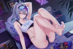 armpits ass bedroom books cameltoe crop_top drink eyewear_on_head feet foot_fetish gaming_console honkai:_star_rail kacyu legs_up one_arm_up painted_toenails panties plushie potato_chips presenting_feet silver_wolf_(honkai:_star_rail) sunglasses_on_head