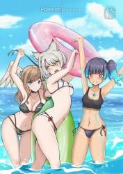 3girls absurd_res alternate_costume arms_up bare_shoulders bikini black_bikini black_swimsuit blue_eyes blue_hair blush breast_tattoo breasts brown_eyes brown_hair cat_ears catgirl chascoby choker cleavage core_crystal detailed_background eunie_(xenoblade) female female_only fiery_hair highres large_breasts long_hair looking_at_viewer midriff mio_(xenoblade) monolith_soft navel nintendo ponytail pool_float sena_(xenoblade) short_hair side_ponytail silver_hair small_breasts swimsuit tattoo underboob water wet white_bikini white_swimsuit wings xenoblade_(series) xenoblade_chronicles_3 yellow_eyes