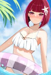 1girls arima_kana bare_shoulders big_breasts bikini bikini_bottom bikini_top blush bra breasts chest cleavage collarbone droplets dutch_angle embarrassed female female_only flower_in_hair highres light-skinned_female looking_away necklace oshi_no_ko panties red_eyes red_hair shiro_(dkau3374) short_hair shy sky solo swimsuit wavy_mouth white_bikini white_bikini_bottom white_bikini_top white_bra white_panties white_swimsuit