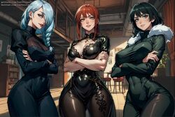 3girls ai_generated ass big_breasts black_dress breasts chainsaw_man company_connection crossover dress female female_only from_below fubuki_(one-punch_man) fur_coat green_hair jujutsu_kaisen large_breasts makima_(chainsaw_man) mappa mei_mei_(jujutsu_kaisen) multiple_girls one-punch_man red_eyes shounen_jump shueisha smile standing surrounded tight_clothing tight_dress vertiloart weekly_shonen_jump white_hair