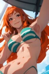 1girls ai_generated armpits bikini female female_only hair large_breasts looking_at_viewer nami nami_(one_piece) one_piece post-timeskip redpostit selfie smile smiling_at_viewer stable_diffusion torso underboob