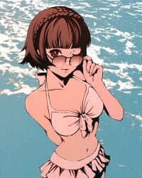 1girls atlus bell_haircut breasts female female_only makoto_niijima moshimoshibe persona persona_5 solo swimsuit