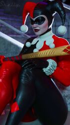 1girls 3d 3d_(artwork) artist_name baseball_bat batman:_arkham_knight batman_(series) blue_eyes bodysuit dc dc_comics digital_media_(artwork) eyes female female_only harley_quinn harley_quinn_(classic) harley_quinn_(injustice) injustice_2 legs light-skinned_female light_skin lips sitting skelly3d solo villain villainess