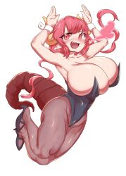 1girls :d artist_request bunny_girl bunny_pose bunnysuit cute_fang detached_sleeves female female_only gigantic_breasts huge_breasts ilulu_(dragon_maid) ilulu_(miss_kobayashi's_dragon_maid) jumping leaping miss_kobayashi's_dragon_maid muscular_thighs nose_blush pink_hair smoke_from_mouth solo thick_thighs white_background wide_hips