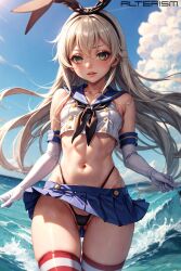 1girls ai_generated alterism black_panties blonde_hair bunny_ears fake_animal_ears female_only gloves green_eyes groin highleg kantai_collection looking_at_viewer microskirt ocean sailor_collar sailor_uniform shimakaze_(kantai_collection) shiny_skin skindentation solo stable_diffusion thick_thighs thighhighs