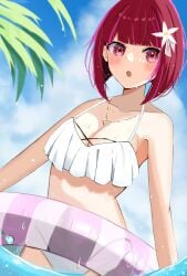 1girls :o arima_kana bare_shoulders big_breasts bikini bikini_bottom bikini_top blush bra breasts chest cleavage collarbone droplets dutch_angle female female_only flower_in_hair highres light-skinned_female looking_at_viewer necklace open_mouth oshi_no_ko panties red_eyes red_hair shiro_(dkau3374) short_hair sky solo surprised swimsuit white_bikini white_bikini_bottom white_bikini_top white_bra white_panties white_swimsuit