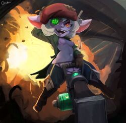 1girls beret breasts cannon clothing cranihum explosion female female_only league_of_legends military military_uniform nipples riot_games shortstack solo thick_thighs torn_clothes tristana wardrobe_malfunction weapon yordle