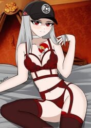 cap chigusa_(fortnite) choker daikiri_di_mon fortnite fortnite:_battle_royale koi_agent_chigusa_(fortnite) lingerie looking_at_viewer on_bed red_eyes red_lingerie stockings tattoo tattoos white_hair