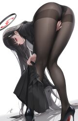 1girls 2d 2d_(artwork) absurdres ass bangs bent_over between_legs between_thighs big_breasts black_and_red_halo black_hair black_jacket black_panties black_pantyhose black_skirt black_suit black_underwear blue_archive blunt_bangs blush blush_lines blushing_at_viewer breasts bright_pupils christian_louboutin_(brand) colored_shoe_soles eyebrows_visible_through_hair from_behind full_body hair_behind_ear hair_flowing_over hair_ornament hairclip halo hand_between_legs heels high_heels highres jacket kneepits knees_together_feet_apart lace lace_panties large_breasts light-skinned_female light_blush light_skin long_hair long_legs long_sleeves looking_at_viewer looking_back millennium_science_school_student miniskirt open_clothes open_skirt panties panties_under_pantyhose panties_visible_through_clothing pantyhose parted_lips plaid_skirt red_eyes ribbed_sweater rio_(blue_archive) seminar_(blue_archive) seminar_president shoe_soles signature simple_background skirt skirt_around_one_leg skirt_removed solo standing stiletto_heels student_council_president suit suit_jacket sweater tablet_pc thighband_pantyhose turtleneck turtleneck_sweater underwear undressing very_long_hair white_background white_pupils white_sweater yabacha