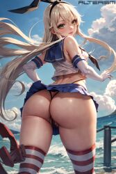 1girls ai_generated alterism ass ass_focus black_panties blonde_hair bunny_ears fake_animal_ears female_only gloves green_eyes highleg kantai_collection looking_at_viewer microskirt ocean sailor_collar sailor_uniform shimakaze_(kantai_collection) shiny_skin skindentation solo stable_diffusion thick_thighs thighhighs