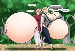 3girls belly big_belly big_breasts blonde_hair boruto:_naruto_next_generations breasts cleavage cyberpunk1993 english_text enjoying_pregnancy fat fat_woman female female_only forest huge_belly huge_breasts hyper_pregnancy linea_nigra multiple_girls multiple_pregnancies naruto outdoors outie_navel peeping pink_hair pregnant sakura_haruno speech_bubble standing text thought_bubble tree tsunade when_you_see_it