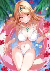 1girls absurd_res bikini blonde_hair blush blushing breasts busty cleavage core_crystal curvy detailed_background drink female female_only flower highres hips holding holding_drink holding_object hourglass_figure large_breasts long_hair midriff mythra navel nintendo partially_submerged pool_float risumi_(taka-fallcherryblossom) rose slim_waist smile smiling solo swimsuit thick_thighs thighs very_long_hair voluptuous water wet white_bikini white_swimsuit wide_hips xenoblade_(series) xenoblade_chronicles_2 yellow_eyes