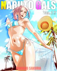 1girls beach bikini bikini_bottom bikini_top boruto:_naruto_next_generations breasts character_name cleavage curvaceous curvy curvy_female curvy_figure female female_only green_eyes holding_object magazine_cover midriff milf naruto naruto_(series) outdoors palm_tree perky_breasts pink_hair pinup saburo_des sakura_haruno seaside shiny shiny_skin side-tie_bikini side-tie_bikini_bottom small_breasts solo solo_focus sunlight swimsuit text url watermark web_address wide_hips