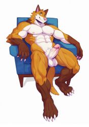 4_claws 5_fingers abs anthro anthro_only arm_tuft athletic biceps blue_eyes brown_body brown_fur brown_hair canid canine canis chair claws elbow_tuft erection facial_tuft fingers fur furniture genitals hair head_tuft hi_res humanoid_genitalia humanoid_penis looking_at_viewer male mammal multicolored_body multicolored_fur muscular muscular_anthro muscular_male muscular_thighs neck_tuft nipples nude orange_body orange_fur orange_hair paws peapeafur pecs penis pink_nose pubes seat serratus sharp_claws sharp_teeth simple_background sitting solo tail teeth tuft vein veiny_penis white_background white_body white_fur white_hair wolf