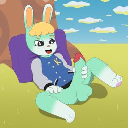 1:1 animal_crossing anthro balls bottomless clothed clothing erection genitals hi_res kamikiller lagomorph leporid male male_only mammal masturbation nintendo outside penis rabbit sasha_(animal_crossing) solo solo_male