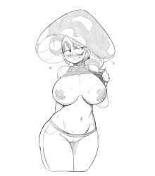 animate_inanimate big_breasts blank_background blush blush_lines blushing_at_viewer eyes_half_closed eyes_half_open garp_sand garpsand mom_(garp_sand) monochrome mushroom mushroom_cap mushroom_girl mushroom_hat mushroom_humanoid nipples_covered plain_background shirt_lift shirt_up sketch sweat sweatdrop sweating sweaty sweaty_body sweaty_breasts tape_over_nipples white_background