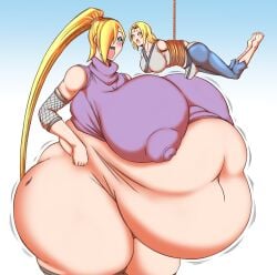 2girls bbw belly big_belly big_breasts blonde_hair bondage breasts dragonicxs fat female huge_belly huge_breasts imminent_vore ino_yamanaka multiple_girls naruto nipple_outline obese open_mouth overweight rope size_difference ssbbw suspension thick_thighs thunder_thighs tsunade vore