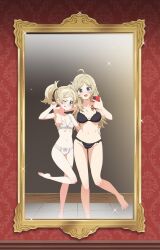 2girls barefoot black_bra black_panties bra breasts cellphone female female_only fire_emblem fire_emblem_awakening fire_emblem_fates grandmother_and_granddaughter large_breasts lissa_(fire_emblem) long_hair medium_breasts mirror multiple_girls navel nintendo ophelia_(fire_emblem) oppaihobby panties phone selfie smartphone source_request teenager twintails underwear white_bra white_panties