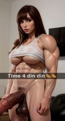 abs ai_generated bangs brown_hair futa_only futanari hdregrets horsecock human_with_animal_genitalia human_with_horsecock large_balls large_penis looking_at_viewer muscular muscular_futanari pubic_hair sagging_balls semi-erect snapchat solo_futa stable_diffusion tank_top underboob