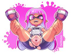 2d anus anus_peek artist_name female female_only flat_chest inkling kaikoinu long_hair looking_at_viewer nsfw pink_eyes pink_hair purple_eyes shorts shortstack solo splatoon spread_legs spread_pussy spreading tan_body tanned tanned_female tanned_skin tennis_shoes torn_clothes watermark