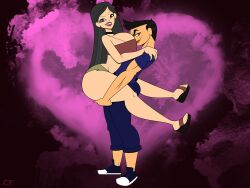 2girls barely_clothed big_breasts black_hair breast_press breasts cartoon_network choker cleavage curvy eva_(tdi) face_in_breasts female female_only full_body fully_clothed grey_eyes had_a_dream_everyone_was_drawing_lesbian_ships_like_this_(meme) heather_(tdi) high_heels hourglass_figure huge_breasts lifting lifting_person lipstick long_hair looking_at_viewer meme mole muscular_female redesign rustysh4ckl3ford short_hair short_shorts small_breasts small_top smile sneakers t-shirt total_drama_(series) total_drama_island unibrow yellow_eyes yellow_lipstick yuri