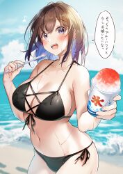 beach bikini brown_hair cowboy_shot dialogue footprint footprints gradient_eyes huge_breasts japanese_text offering_to_viewer sand shaved_ice short_hair smile thick_thighs waves wet wide_hips