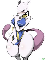 alien antennae antlers blush blush_lines bodily_fluids breasts covering female horns kirichiya_desune martial_arts_style_mewtwo mewtwo nintendo pokémon_(species) pokemon pokemon_(species) pokemon_rgby pokemon_unite pulling_down_dress purple_eyes purple_tail sweat sweatdrop sweating white_skin