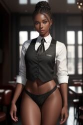 1girls adult_female african african_female ai_generated black_hair black_women dark-skinned_female dark_skin female female_only indoors looking_at_viewer no_pants panties restaurant solo solo_female torso uniform_top waitress wide_hips working young younger_female