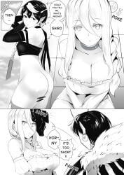 2girls after_sex ariel_(kumo_desu_ga_nani_ka?) bar_censor black_hair braid censor_bar censored cleavage comic comic_page doujinshi dress earrings english_text goddess grandmother_and_granddaughter hair_between_eyes horns incest kumo_desu_ga_nani_ka? kumoko large_breasts long_hair monochrome pointy_ears shiraori_(kumo_desu_ga_nani_ka?) short_hair spider spider_girl syntier13 text variant wakaba_hiiro white_hair yuri