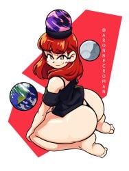 1girls 2023 aronnecroman ass barefoot big_ass black_panties black_thong blush from_above grin hair_ornament hecatia_lapislazuli kneeling looking_at_viewer no_pants panties red_eyes red_hair red_head smile tagme thick_thighs thighs thong touhou twitter_username watermark